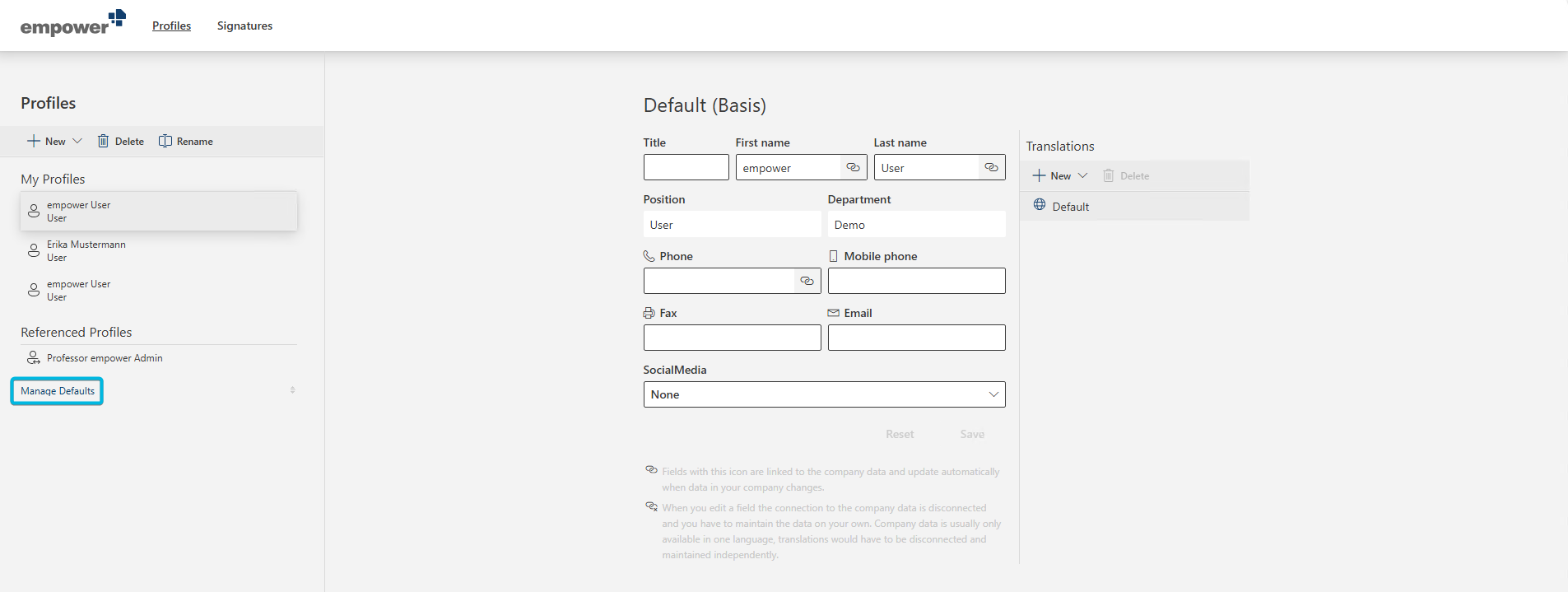Button Manage Defaults