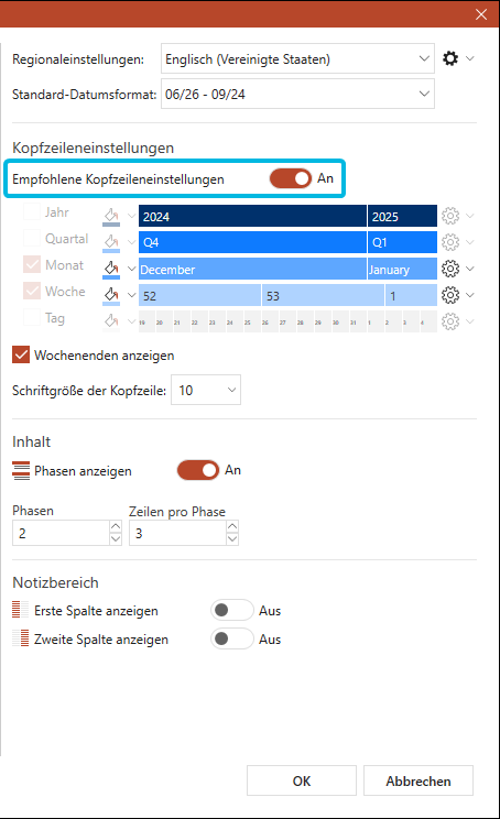 Toggle-Button für empfohlene Kopfzeileneinstellungen