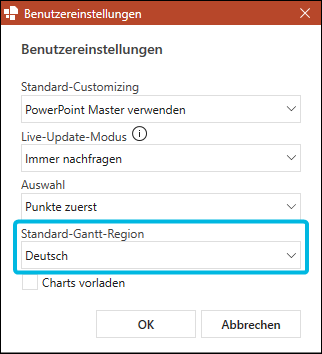 Standard-Gantt-Region ändern