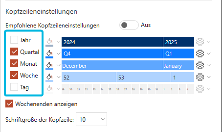 Zeiteinheiten auswählen