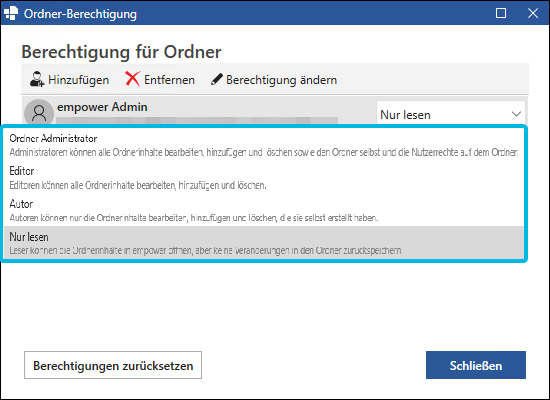 Drop-Down-Menü mit Berechtigungsrollen