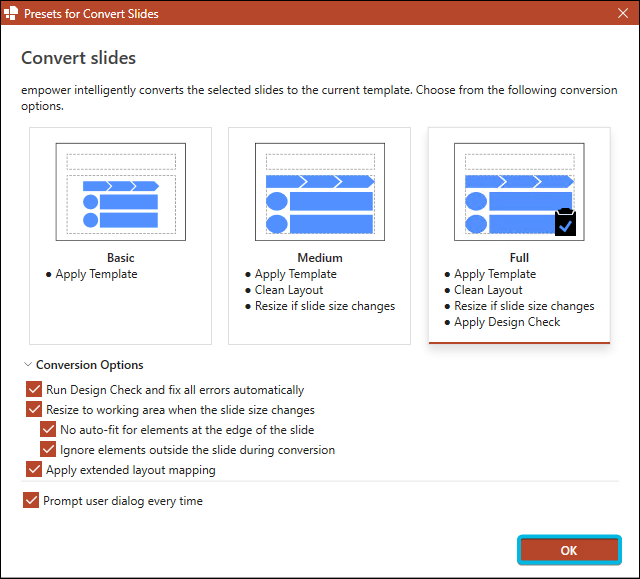 Button OK for Default Conversion Settings