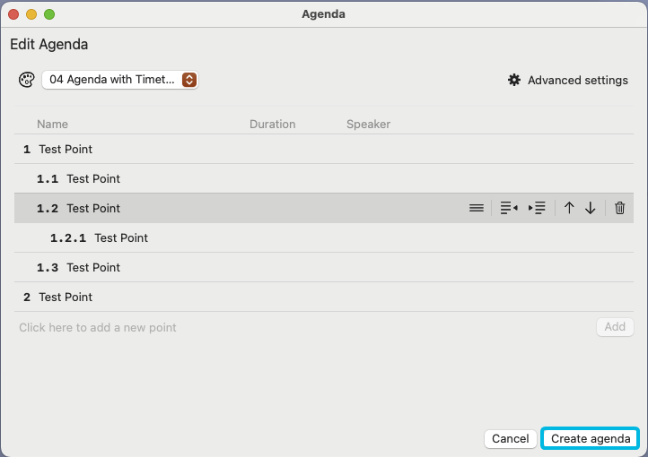 Button Create agenda