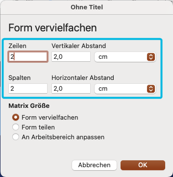 Einstellungsfenster zum Vervielfachen von Formen