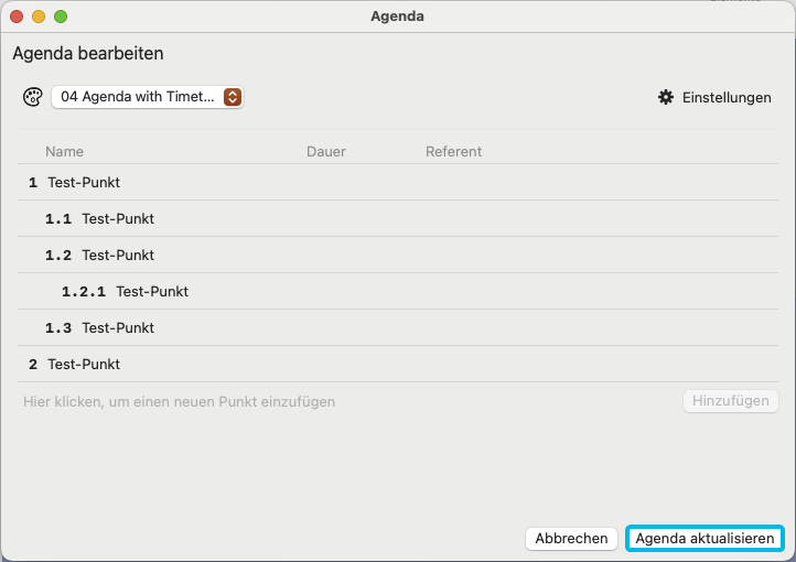 Button Agenda aktualisieren