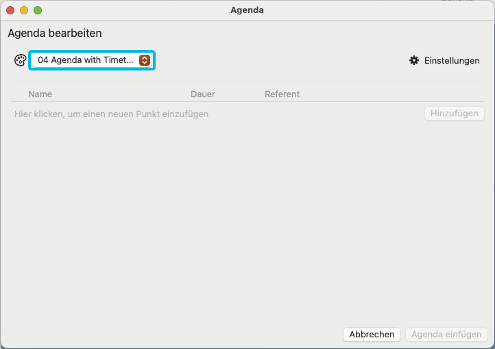 Drop-Down-Menü für Vorlagen