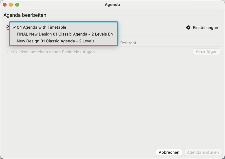 Drop-Down-Menü für Vorlagen (ausgeklappt)