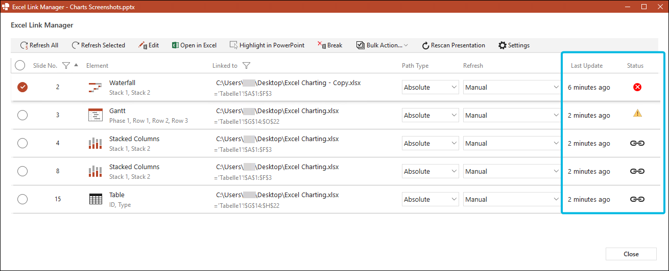 Status Display for Valid and Broken Links