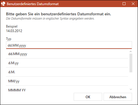 Dialogfenster Benutzerdefiniertes Datumsformat
