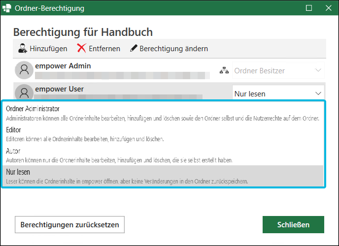 Drop-Down-Menü mit Berechtigungsrollen