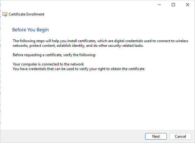 Certificate Enrollment Start Screen