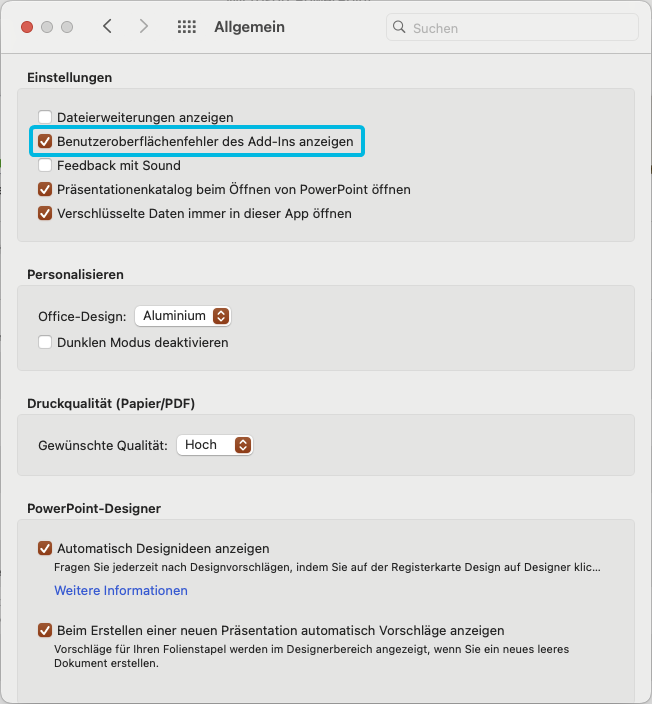 Kontrollkästchen für die Einstellung