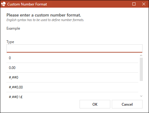 Dialog Box for Custom Number Format