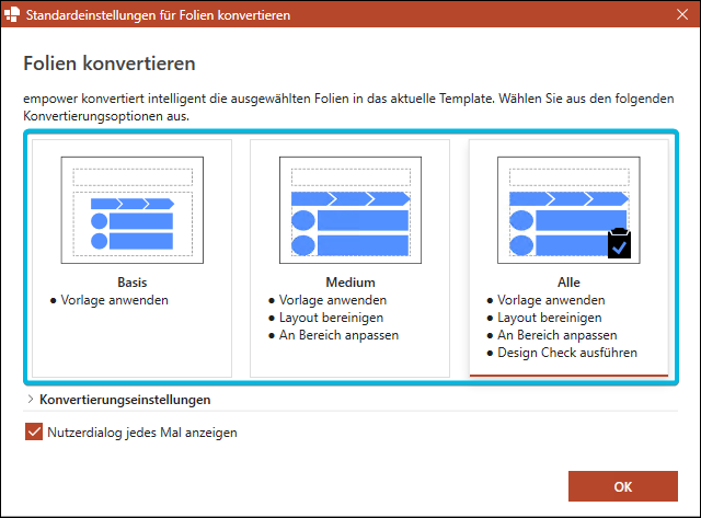 Voreinstellungen für Konvertierung