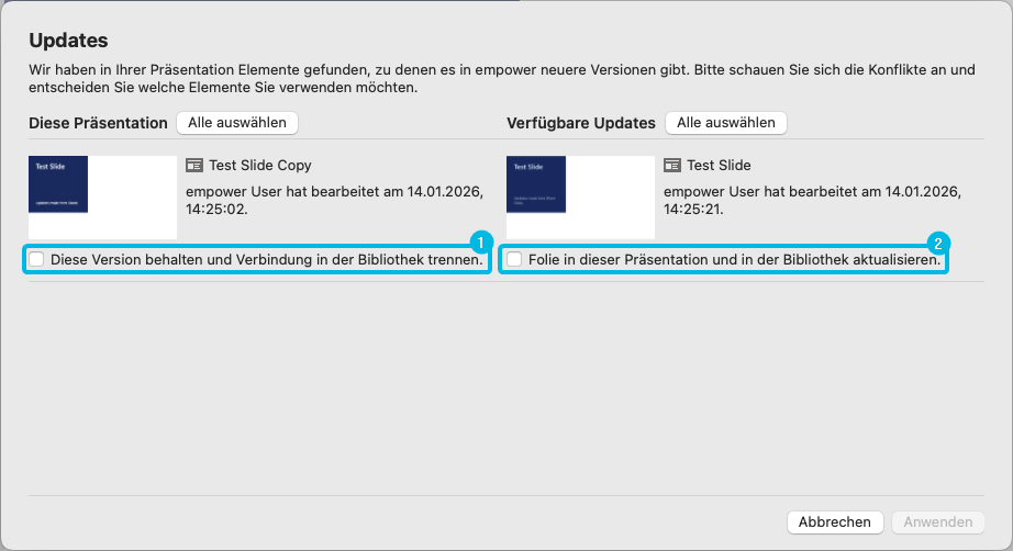 Optionen für aktualisierte Folien