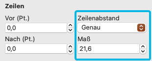 Drop-Down-Menü für Zeilenabstand und Eingabefeld Maß