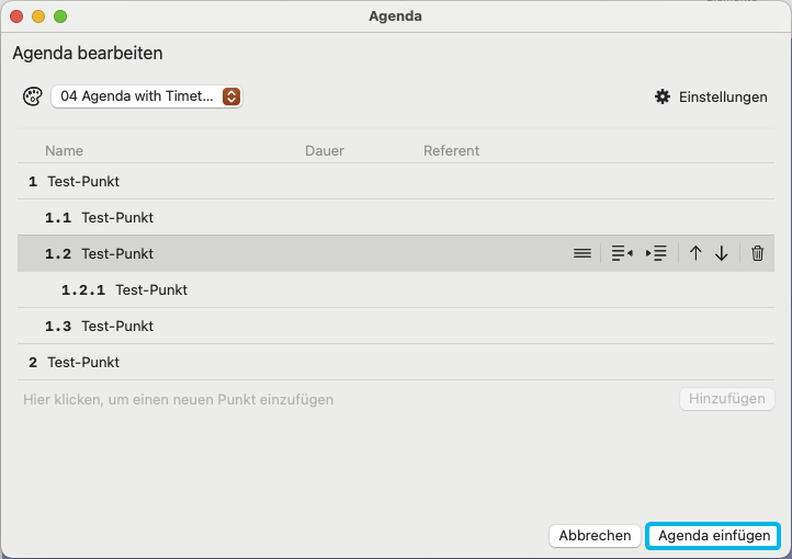 Button Agenda einfügen