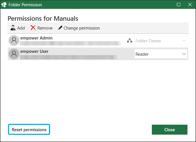Button Reset permissions