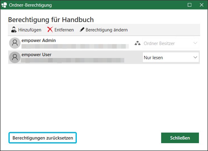 Button Berechtigungen zurücksetzen