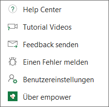 Drop-Down-Menü Button Hilfe und Einstellungen