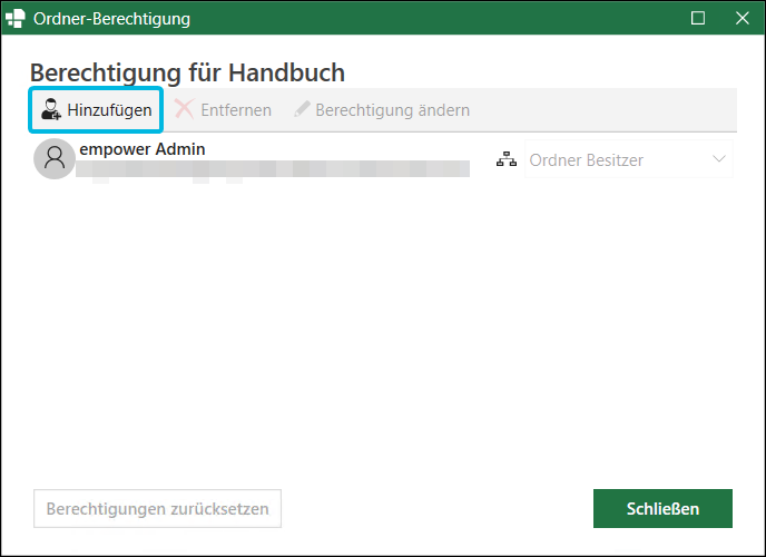 Button Hinzufügen im Fenster Ordner-Berechtigung