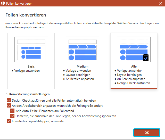 Button OK für Konvertierungseinstellungen