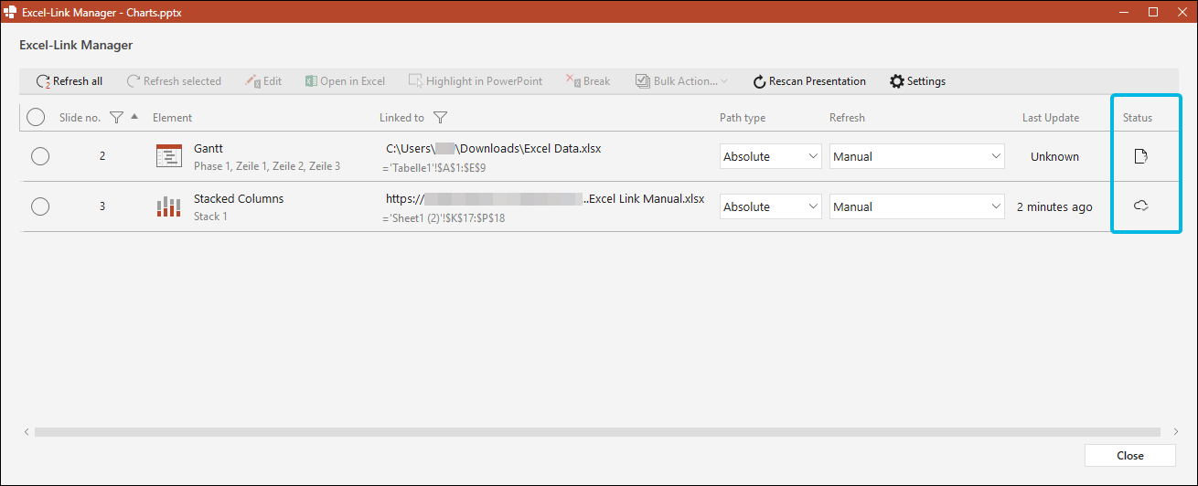 Status Display for Online Links and Unknown Status