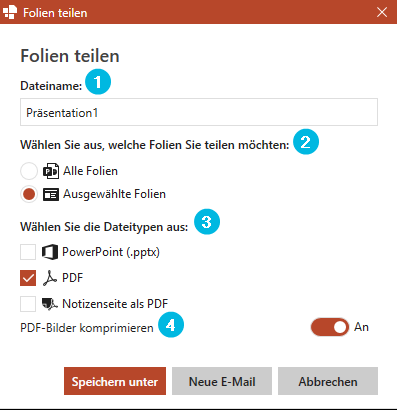 Optionen zum Teilen von Folien