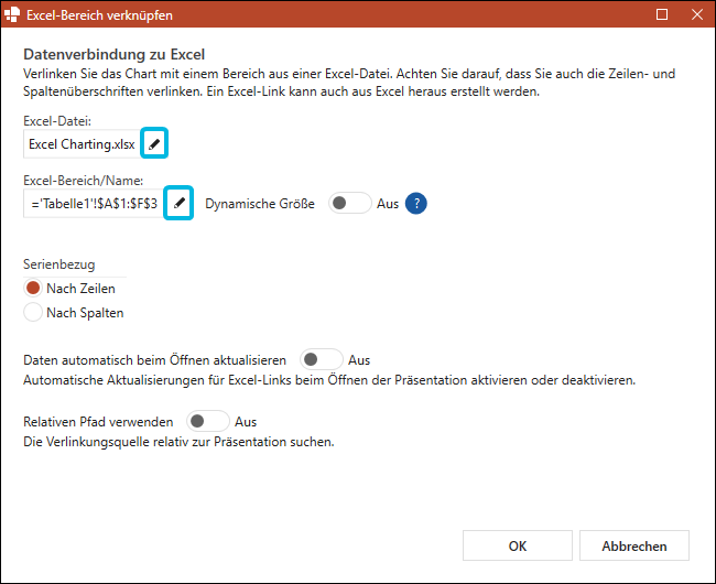 Stift-Symbole in den Excel-Link-Einstellungen