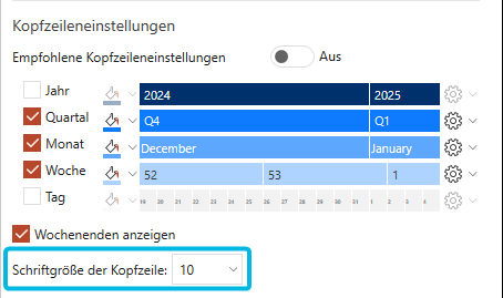 Schriftgröße der Kopfzeile auswählen