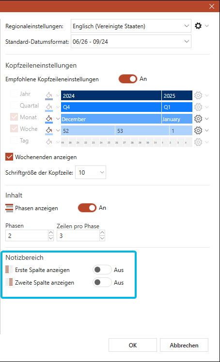 Notizbereiche ein- und ausschalten