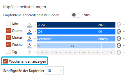 Kontrollkästchen für Wochenenden anzeigen