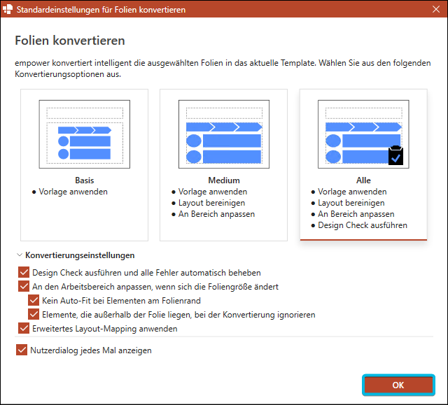 Button OK für Standard-Konvertierungseinstellungen