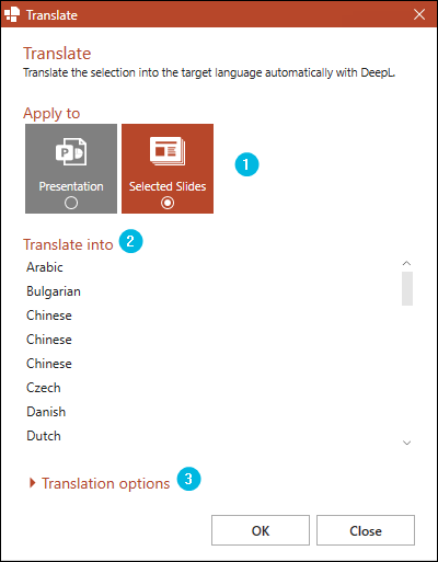Dialog Box for Translation with DeepL