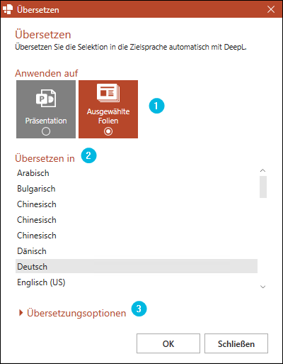 Dialogfenster für Übersetzung mit DeepL