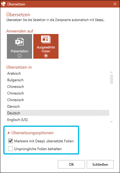 Übersetzungsoptionen