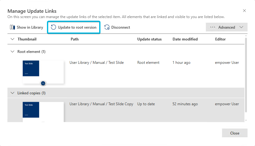 Button Update to root version