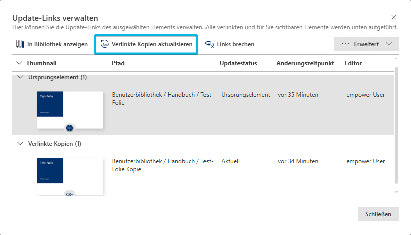 Button Verlinkte Kopien aktualisieren