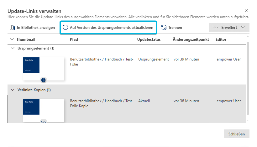 Button Auf Version des Ursprungselements aktualisieren