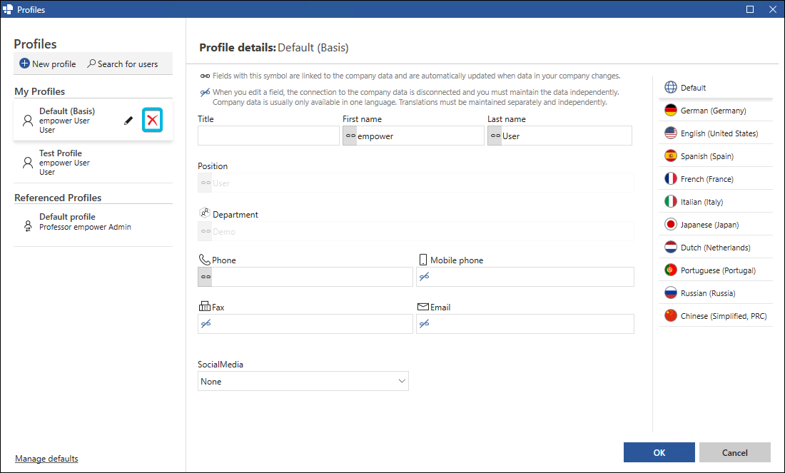 Cross Symbol to Delete a Profile