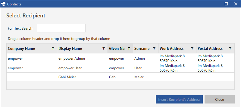 Dialog Box with Contact Information