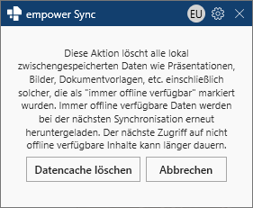Hinweis für Datencache löschen