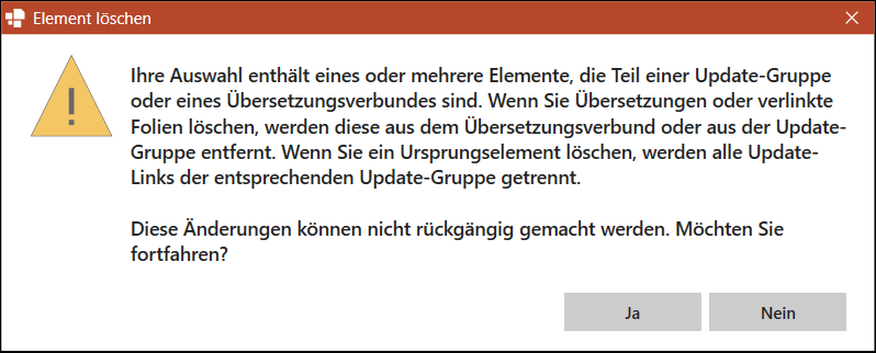 Dialogfenster für Elemente aus Update-Gruppen oder Übersetzungsverbünden