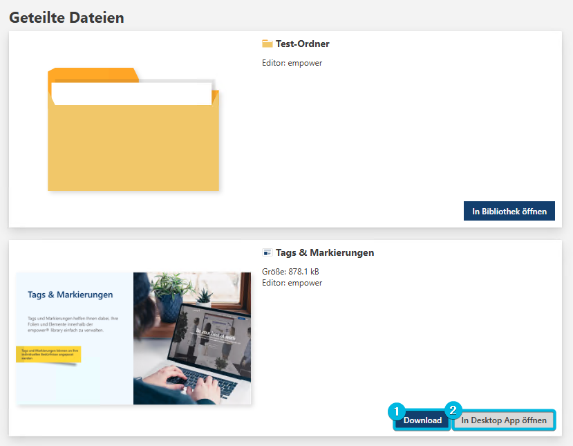 Buttons Download und In Desktop App öffnen