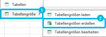 Option Tabellengrößen erstellen unter Tabellengröße