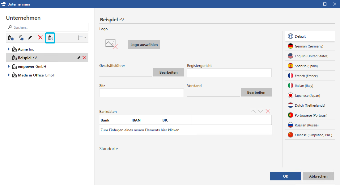 Button Nutzerrechte für das aktuelle Unternehmen bearbeiten