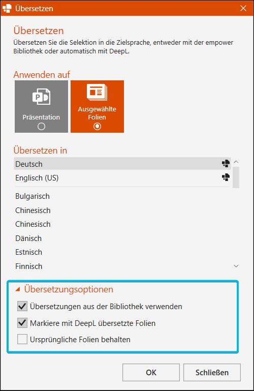 Übersetzungsoptionen