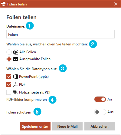 Optionen zum Teilen von Folien
