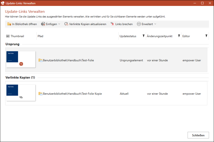 Fenster Update-Links verwalten