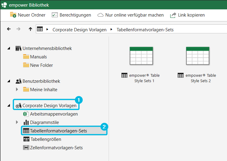 Bereich Corporate Design Vorlagen – Tabellenformatvorlagen-Sets